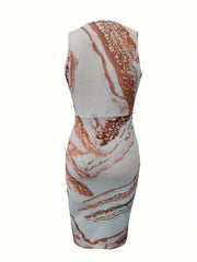 Marble Print Crew Neck Slim Dress, Sexy Sleeveless Drawstring Split Thigh Tank Dress, Women'S Clothing