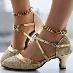 Women's Glitter D'Orsay Latin Dance Shoes, Crisscross Buckle Strap Chunky Mid Heels, All-Match Dress Dance Pumps SHOWLU FASHION STORE