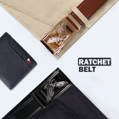 Two genuine leather ratchet belts in black and brown featuring eagle head buckles.