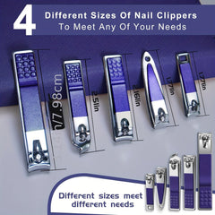 A set of five purple and silver stainless steel nail clippers in various sizes and shapes.