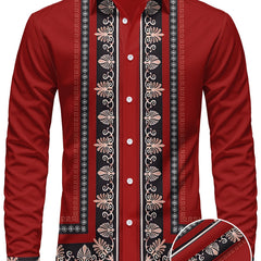 Men'S Long Sleeve Ethnic Style Shirt - Vibrant Turquoise with Black & Golden Floral Pattern, Button-Up Collar, Non-Stretch Fabric, Perfect for Spring/Fall Casual Wear, Spring Fashion Shirt | Floral Pattern Shirt | Nonstretch