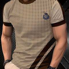 A tan men's crew neck t-shirt featuring a black polka dot pattern and contrast brown accents.