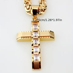 A gold-plated stainless steel cross pendant featuring a row of rhinestones on a chain necklace.
