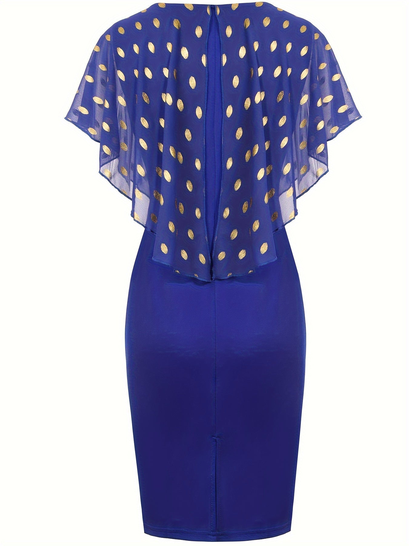 A royal blue pencil dress featuring a sheer cape overlay with a gold polka dot pattern.