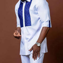 African ethnic style Men's casual suit printed shirt hem slit and rubber pants 2pcs set