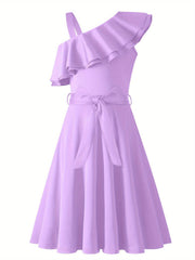 Girl's Sleeveless Polka Dot A-Line Dress with Ruffled One-Shoulder Design and Waist Bow - Black & White Summer Dress for Youngsters 5-12 Years