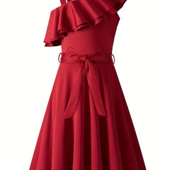 Girl's Sleeveless Polka Dot A-Line Dress with Ruffled One-Shoulder Design and Waist Bow - Black & White Summer Dress for Youngsters 5-12 Years