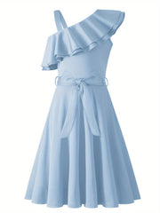 Girl's Sleeveless Polka Dot A-Line Dress with Ruffled One-Shoulder Design and Waist Bow - Black & White Summer Dress for Youngsters 5-12 Years