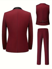 A three-piece burgundy suit set featuring a shawl collar jacket, a vest, and slim-fit trousers.