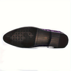 The underside of a purple glitter casual shoe with a pointed toe and a patterned rubber sole.