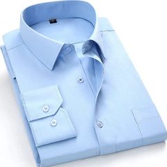 A light blue long-sleeved button-down dress shirt with a turn-down collar and a chest pocket.