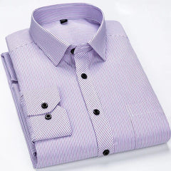 A long-sleeved men's dress shirt in white with thin purple vertical stripes and black buttons.