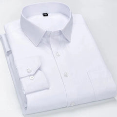 A crisp white long-sleeved dress shirt with a turn-down collar and button-up front.