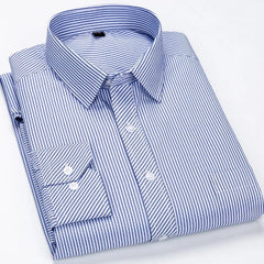 A long-sleeved men's dress shirt in a blue and white striped pattern with a button-down front.