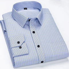 A long-sleeved men's dress shirt with blue vertical stripes, a turn-down collar, and black buttons.