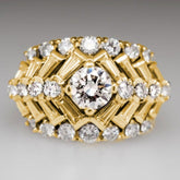 14K Gold-plated Carved Wide Ring with Multiple White Zirconia Inlaid Copper Finger Rings. Heavy Duty Retro Style Matches Your Phone with Daily Clothing, Party Rings, Jewelry SHOWLU FASHION STORE