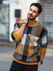 Men'S Casual Plaid Sweater - Cozy Crew Neck Pullover with Brown, Beige, Black & White Checkered Pattern, Loose Fit, Warm for Fall & Winter, Everyday Comfort, Sweater Vest