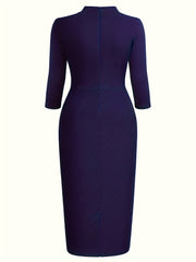 A solid dark blue knee-length sheath dress with three-quarter sleeves and a high neckline.