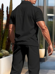 Men'S Waffle Texture Lapel Shirt And Pants Set - Polyester Short Sleeved Shirt, Zipper Access, Elastic Drawstring Waist Straight Leg Pants 5 Colors Suitable For Spring, Summer, Autumn, Beach, Outdoor Activities, Daily Wear, S