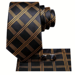 Men'S Stylish Striped Tie Set with Pocket Square & Cufflinks - Black & Golden, Polyester, Non-Stretch Fabric, Perfect for Formal Events, Formal Event Attire|Striped Tie Set|Polyester Fabric
