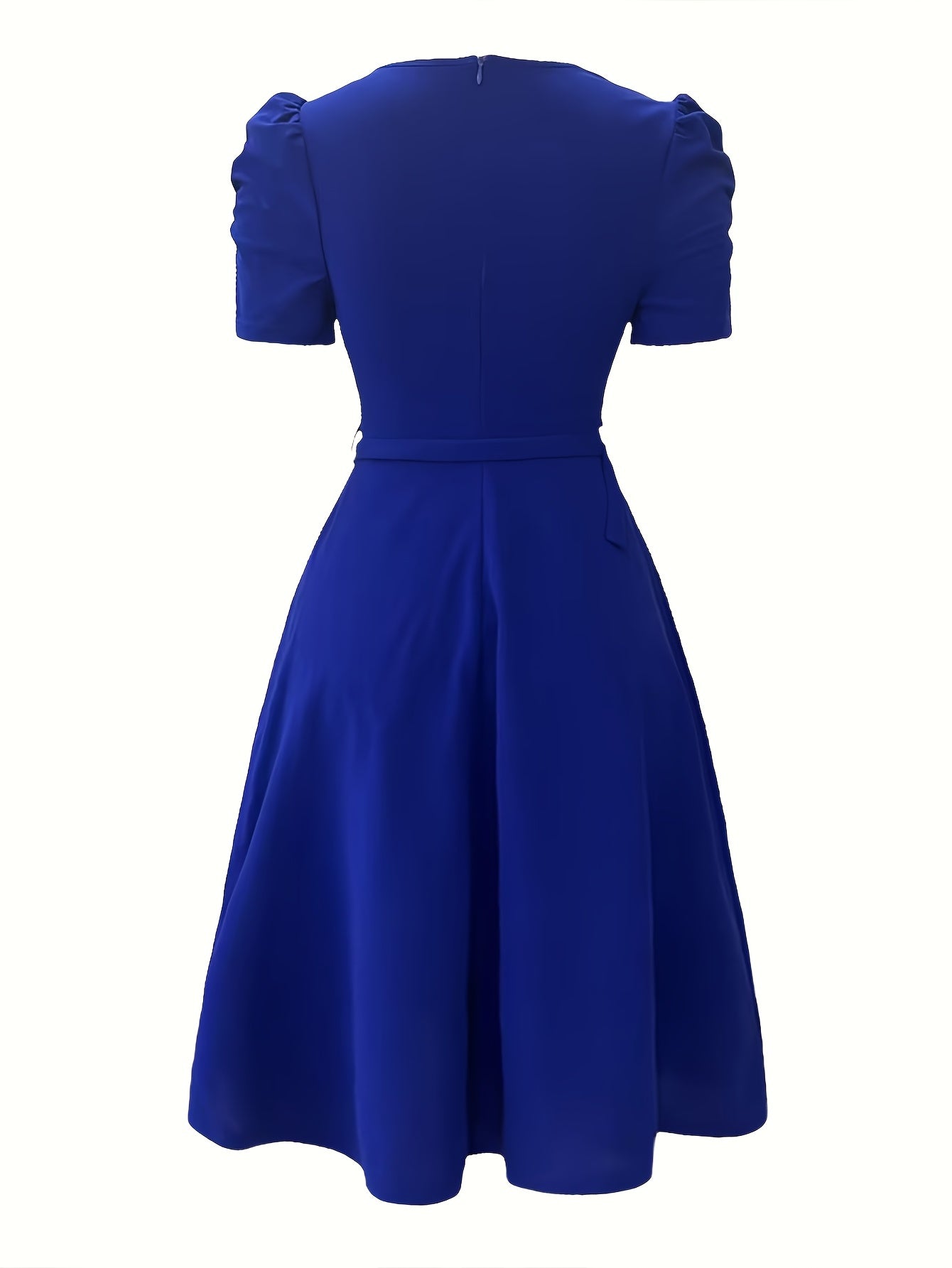 A solid blue A-line dress with short puff sleeves and a fitted waist shown from the back.