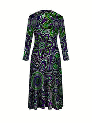 A long-sleeved A-line maxi dress featuring a purple and green dot-patterned floral design.