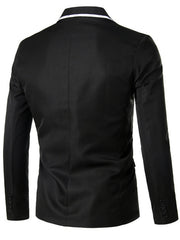 A black men's casual blazer with a white-trimmed lapel shown from the back.