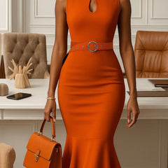 Women's High Elasticity Sleeveless Dress - Vibrant Orange Bodycon Pencil Dress with Waist Belt, Round Neck & Flared Hem for Spring/Summer, Machine Washable Elegant Casual to Formal Wear, Spring Fashion, Sophisticated Style, C