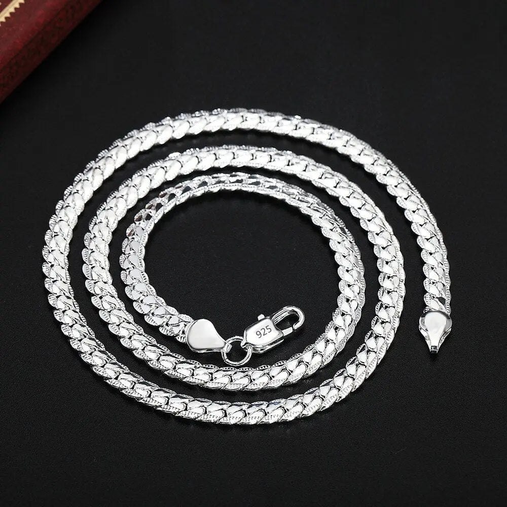 A stylish 925 silver color European retro 6MM flat chain necklace and bracelet set (S085), perfect as Christmas gifts for men or women—fashionable jewelry with a classic, textured look.