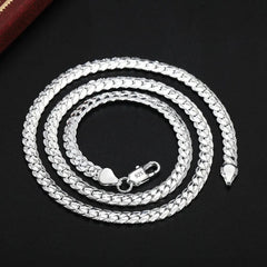 A stylish 925 silver color European retro 6MM flat chain necklace and bracelet set (S085), perfect as Christmas gifts for men or women—fashionable jewelry with a classic, textured look.