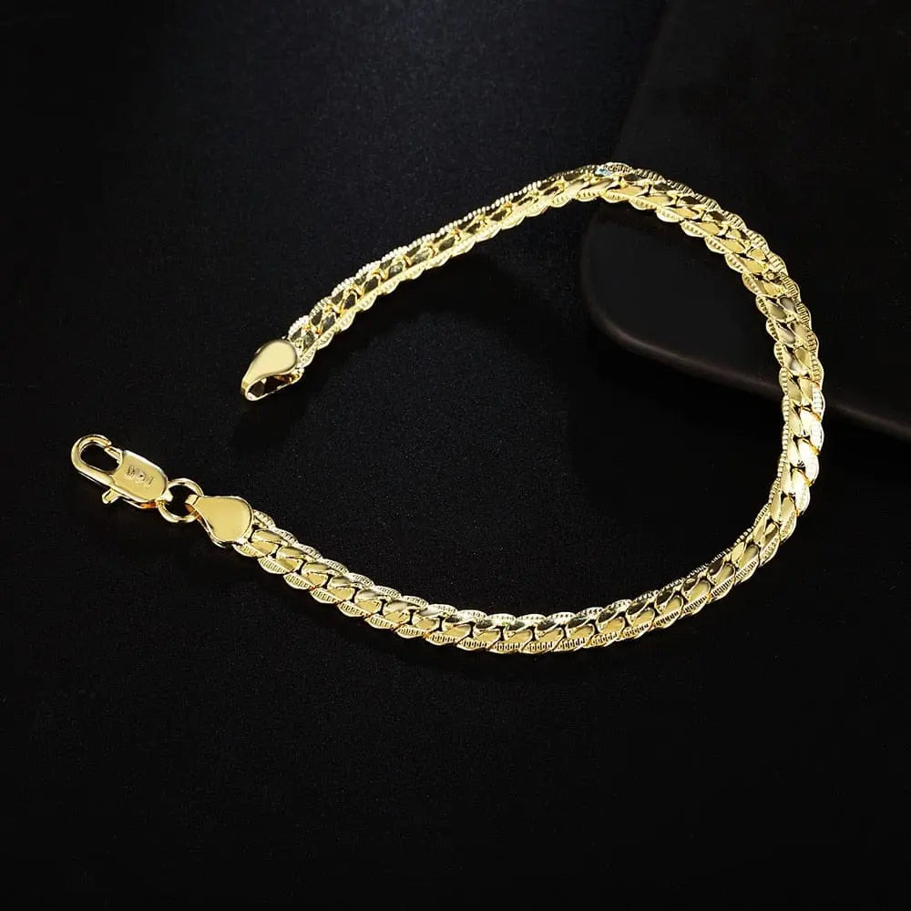 This 925 sterling silver 18K gold chain bracelet features a bold 6MM interlocking link design and secure clasp, perfect for women and men as fashion party or wedding jewelry, elegantly displayed on a black background.