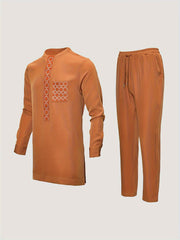 2024 Autumn New, Dashiki Men'S Set, Long Sleeve Top, Chest Embroidery, Hidden Button, Pocket, Round Neck, Split Hem, Elastic Pants, African Clothing, Men'S Casual Shirt and Trousers 2pcs Set, Four Seasons New 1 Set, Street St