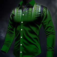 Men's Dark Green Ethnic-Style Long Sleeve Shirt with Colorful Geometric Print - Regular Fit Button-Up Casual Shirt, Machine Washable All-Season Top for Adults, Versatile Clothing, Exotic Design, Digital Print, Printed Blouse,