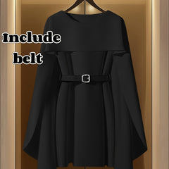 A black A-line dress with a round neck, cape-style sleeves, and an included waist belt.
