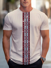 Men's Ethnic Geometric Embroidery T-Shirt - Premium Fabric, Comfort Fit Round Neck, Machine Washable Casual Top for Casual Attire, T Shirt, Durable Fabric Shirt