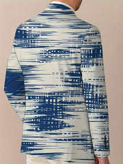 A man wears a regular fit party blazer featuring a blue and white abstract horizontal stripe print.
