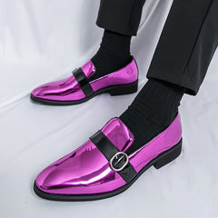 Men's glossy purple pointed-toe loafers featuring a black strap and metallic buckle detail.