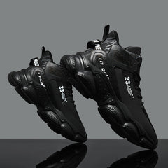 A pair of black mid-top men's running shoes with lace-up closures and the number 23 on the side.