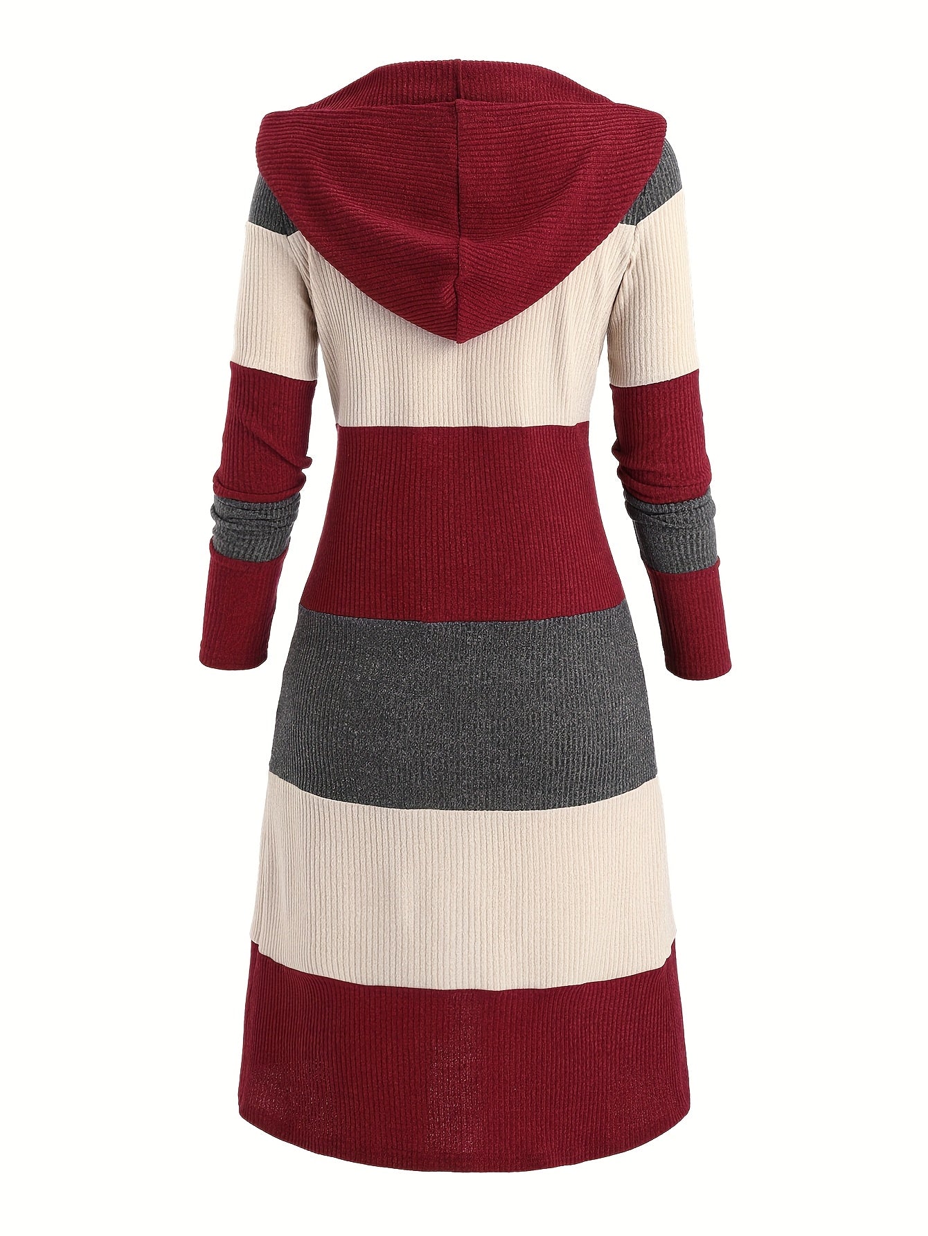 A long-sleeved, hooded cardigan featuring a maroon, beige, and grey color-block knit design.