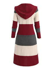A long-sleeved, hooded cardigan featuring a maroon, beige, and grey color-block knit design.