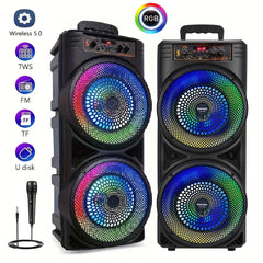 Two portable dual 8.5-inch speakers with RGB lights and a wired microphone.