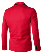 A solid red men's casual blazer with a lapel collar and black buttons on the cuffs.