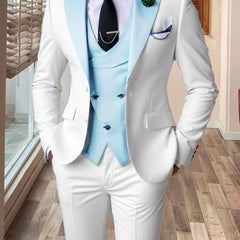 A slim-fit three-piece suit featuring a white jacket and trousers with a light blue vest and lapels.