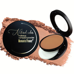 A black compact of Romantic Flower makeup powder is shown open with a sponge and loose powder.