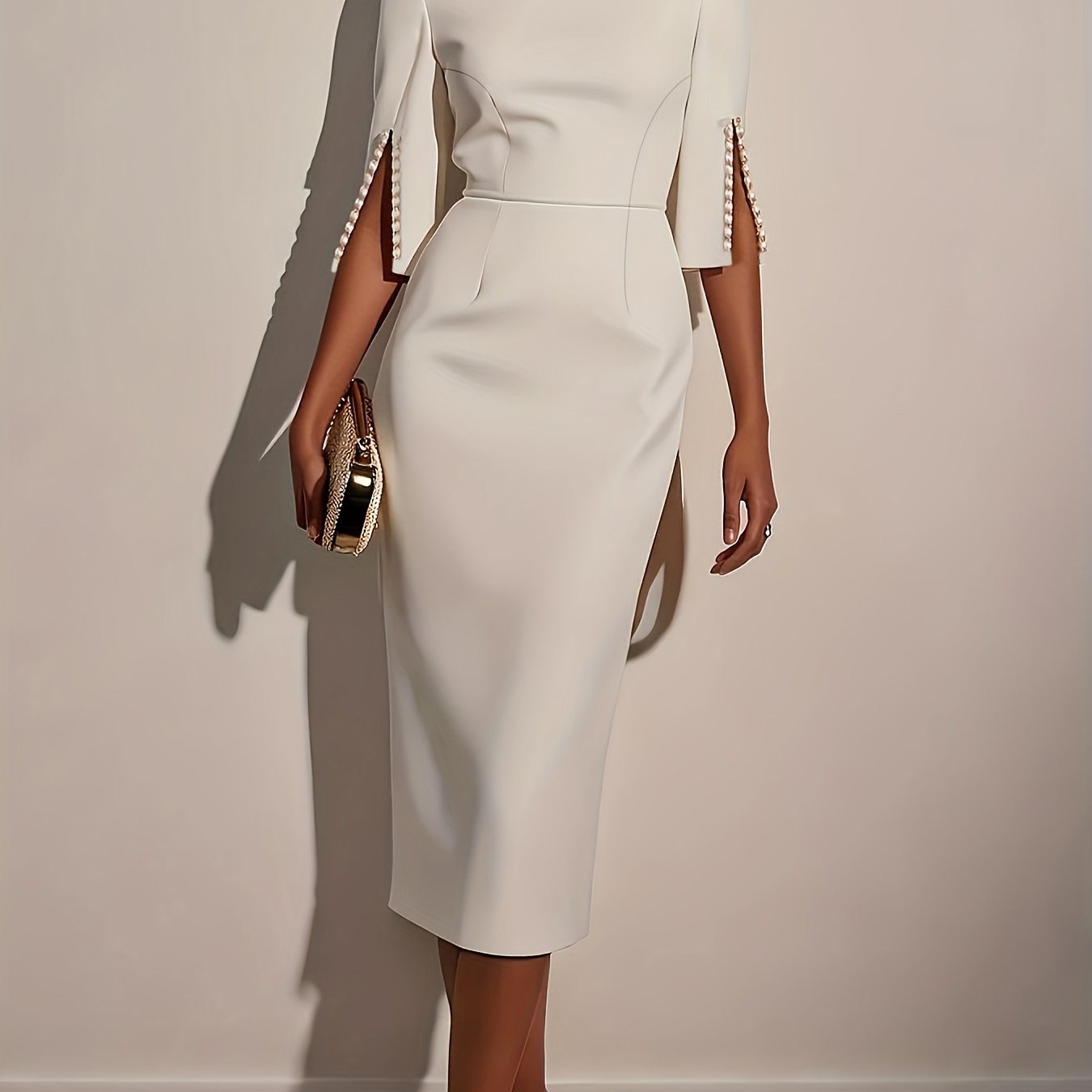 A woman wears an elegant white knee-length pencil dress with split sleeves detailed with pearls.