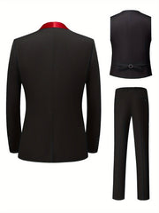 A three-piece black suit set featuring a shawl collar jacket, a vest, and slim-fit trousers.
