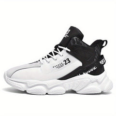 A mid-top men's running shoe in white and black with a chunky rubber sole and lace-up closure.