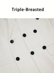 A close-up of a white triple-breasted blazer featuring black buttons and a notch lapel.