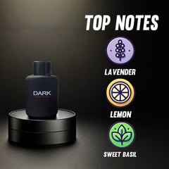 A bottle of Dark Pour Homme perfume sits on a black stand next to icons for lavender, lemon, and basil.