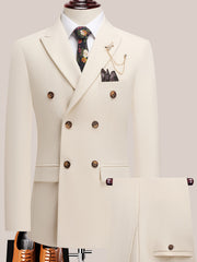 Youth Lapel Double Breasted Suit Set, Business Casual Solid Color Two-piece Set, Four Season Universal Graduation Ceremony Formal Attire, Interview Performance Dress Suit